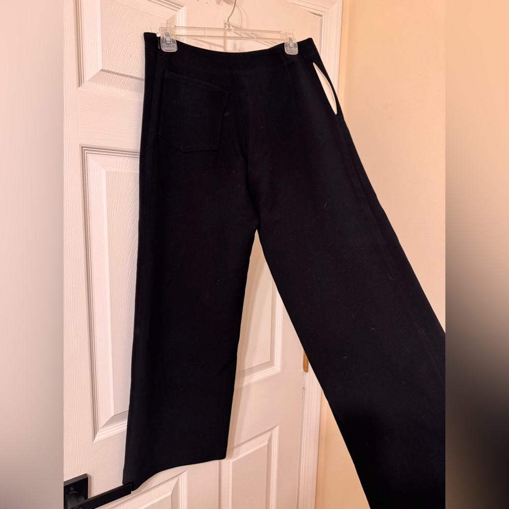 Black wide leg plain front women’s trouser pants. Made in Manhattan.